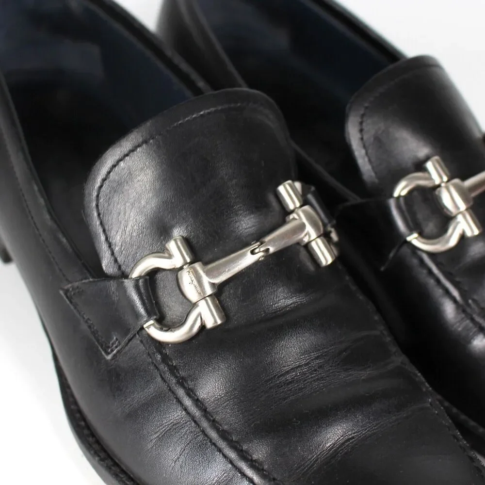 Salvatore Ferragamo Black Leather Silver Gancini Bit Moccasin Loafers 10 D Shoes